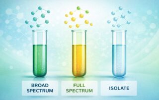 Educational illustration comparing broad spectrum, full spectrum, and CBD isolate types in a medical and regulatory context