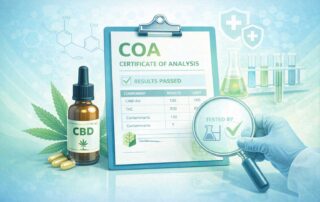 Educational illustration explaining a CBD certificate of analysis with laboratory testing and quality verification context