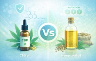 Educational illustration comparing CBD oil and hemp seed oil in composition and regulatory context