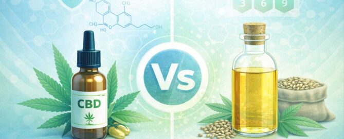 Educational illustration comparing CBD oil and hemp seed oil in composition and regulatory context