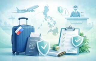 Educational illustration showing travel, customs, and regulatory considerations for CBD when entering the Philippines