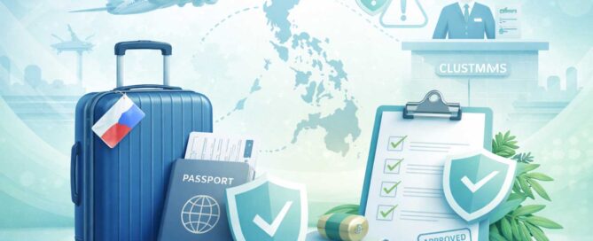 Educational illustration showing travel, customs, and regulatory considerations for CBD when entering the Philippines