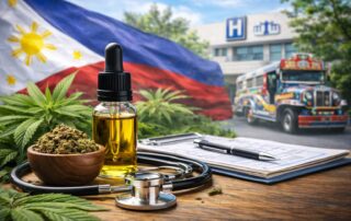 CBD oil bottle with medical stethoscope and cannabis leaves representing legal medical cannabis access in the Philippines